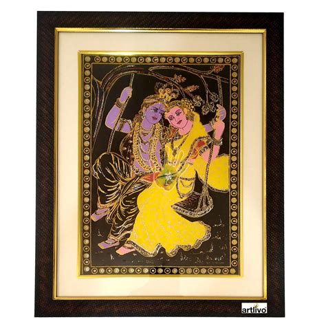 Radha Krishna on Swing Golden Shimmer Painting - 12 x 16 in - Artlivo