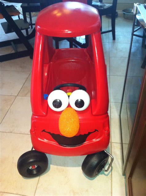 #Elmo Car! 8 year old Little Tykes coupe car spray painted red, styrofoam eyes and nose, mouth ...