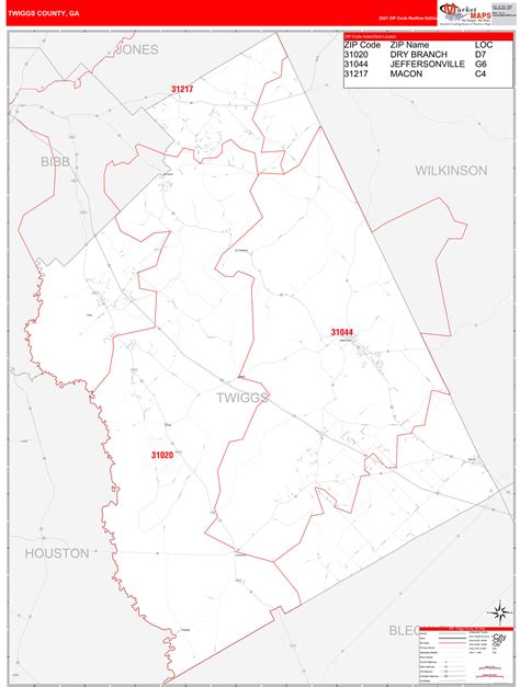 Twiggs County, GA Zip Code Wall Map Red Line Style by MarketMAPS - MapSales