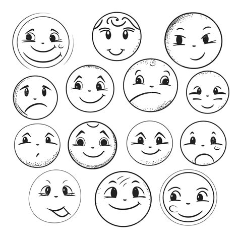 Set Of Smiley Face Drawing With Many Expressions Outline Sketch Vector, Wing Drawing, Face ...