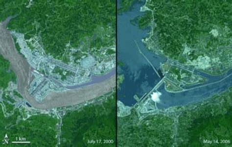 Satellite image showing the progress of the Three Gorges Dam ...