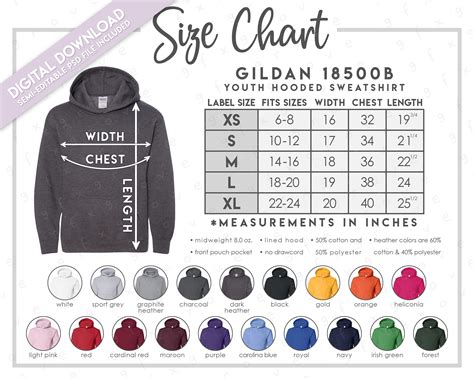 Semi-editable Gildan 18500B Size Chart Color Chart Gildan - Etsy