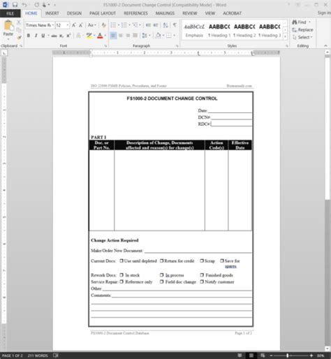 ISO22000 FSMS Document Change Control Template Word