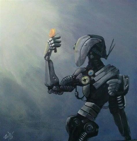 a painting of a robot holding an object in his hand and looking up at the sky