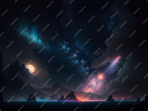 Premium AI Image | A dark landscape with a starry sky and a planet with stars