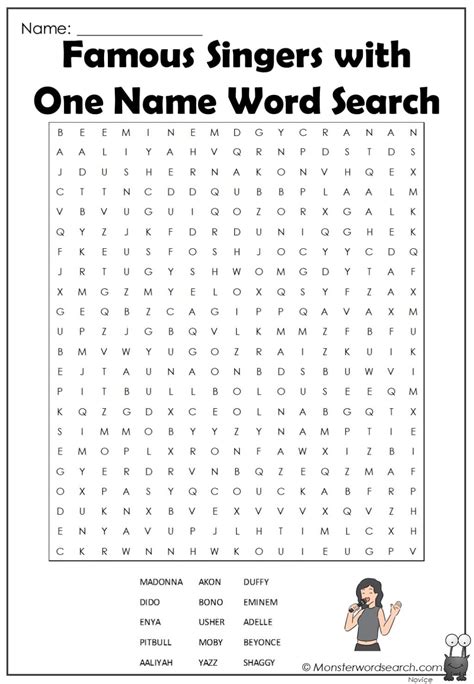 Famous Singers with One Name Word Search- Monster Word Search