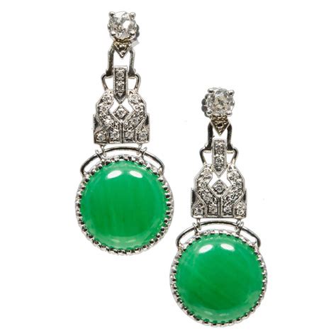 GIA Cert Jadeite Jade Old Mine Diamond Platinum Dangle Earrings For Sale at 1stdibs