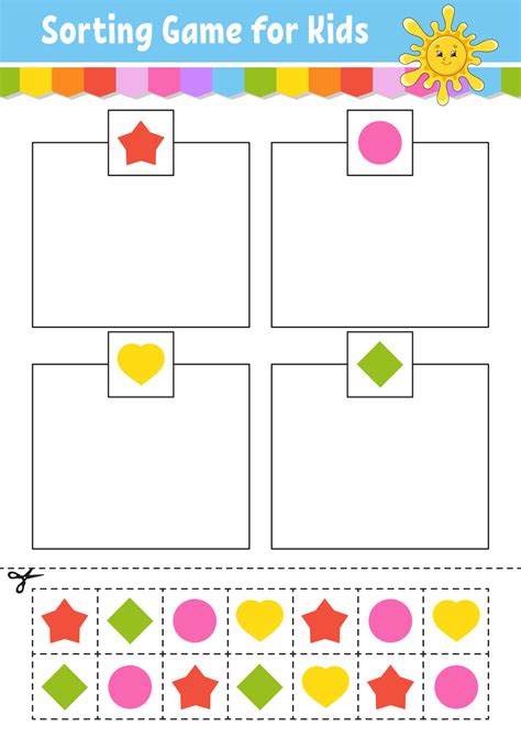 Sorting game. Shapes and colors. Cut and glue. Education developing worksheet. Game for kids ...