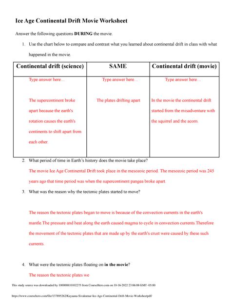 Kayaana Sivakumar Ice Age Continental Drift Movie Worksheet - Ice Age ...