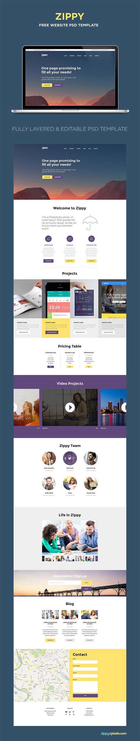 Free One Page Website Template PSD | ZippyPixels | One page website ...