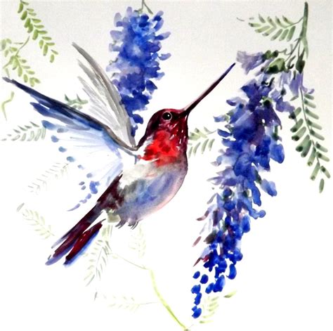 Hummingbird Original watercolor painting 12 X 12 in blue