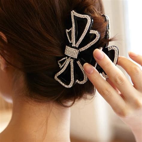 Large Crystal Bow Hair Accessory Hair Claws Jaw Clips Girls Long Hair Holder for Women Black ...