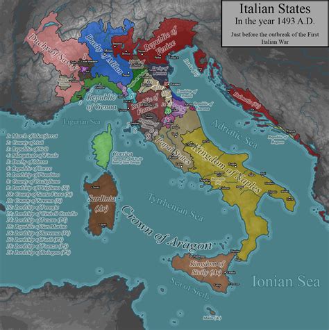 So here's a map I made of the Italian states just before the First Italian War in 1493 : r/MapPorn