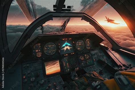 Jet fighter cockpit at sunset. Military aviation. Created with ...