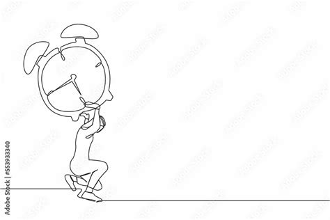 Continuous one line drawing Arabian businessman carrying heavy alarm clock on his back. Tired ...