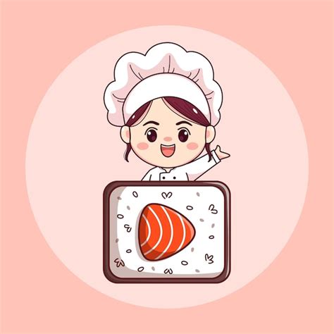 Premium Vector | Girl chef with sushi play button shape