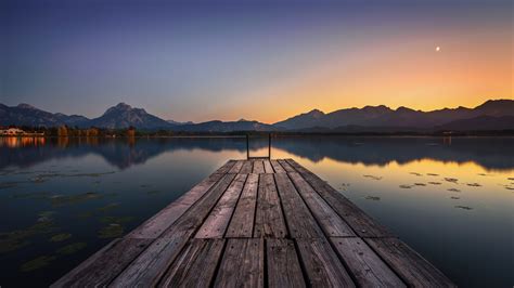 1920x1080 Resolution Lake Pier and Mountain Sunset 1080P Laptop Full HD Wallpaper - Wallpapers Den