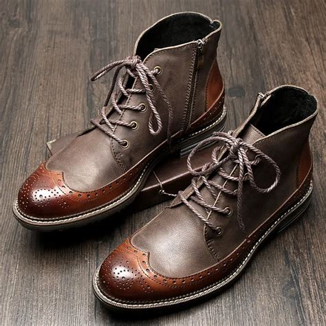 British Style Mens Genuine Leather Lace Up Brogue Wingtip Martin Boots ...