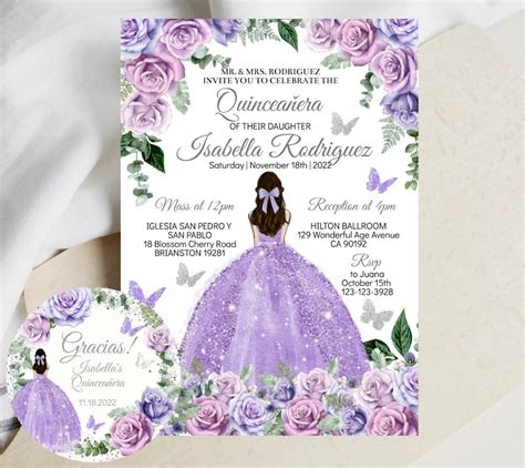 Quinceañera Invitation Editable Template, Purple Silver Rose, Princess Tiara and Butterfly, Mis ...