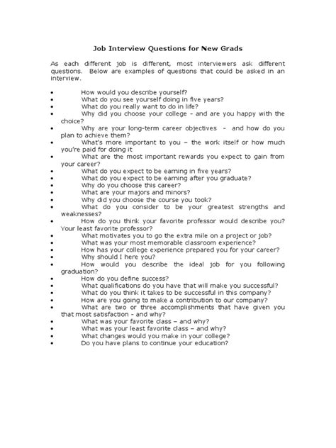 Job Interview Questions For New Grads (6-4-06) | PDF | Job Interview ...