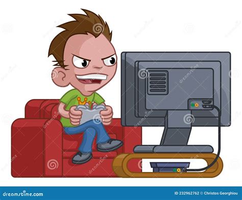 Kid Boy Gamer Playing Video Games Console Cartoon Vector Illustration ...