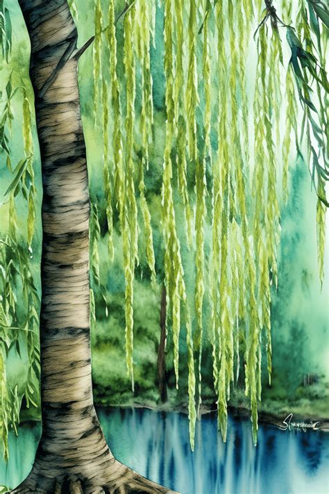 Watercolor Forest Trees Painting Willow Tree in Front · Creative Fabrica