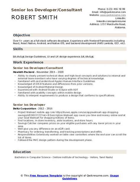 Senior IOS Developer Resume Samples | QwikResume