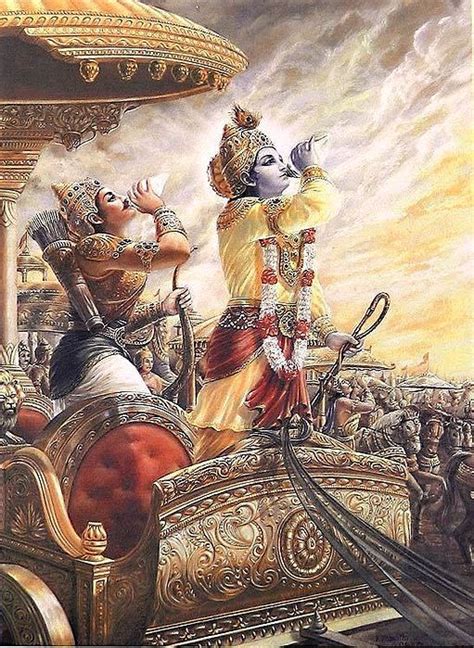 Krishna and arjuna blow conchshells to mark the beginning of kurukshetra war – Artofit