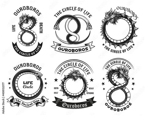 Ouroboros tattoo templates set. Monochrome design elements with uroboros snake and text on ...