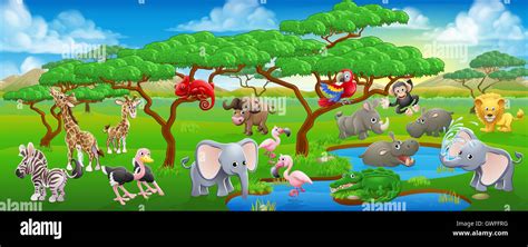 A cartoon Safari animal scene landscape with lots of cute friendly animal characters Stock Photo ...