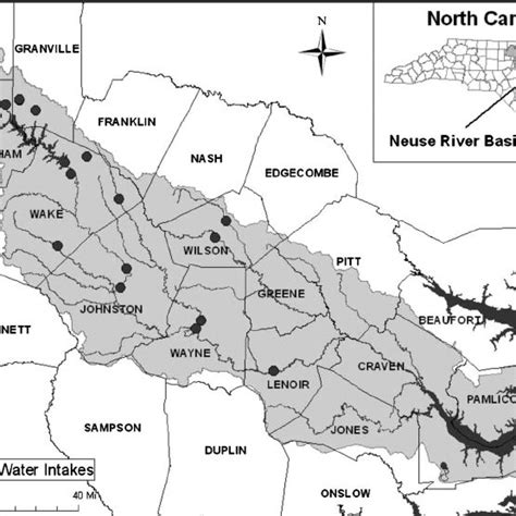 Map of Neuse River Basin and public water intake locations | Download ...