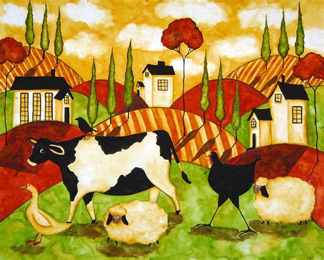 Hubbs Children Art Folk Prints Farm Animals Cow Sheep Goose Chicken Hen ...