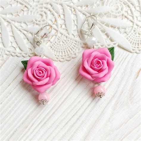 Pink Rose Earrings Polymer Clay Earrings Rose Earrings Floral | Etsy