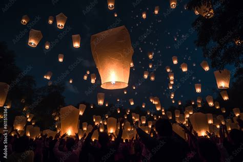 Asian people releasing white paper lanterns into the night sky, creating a breathtaking ...