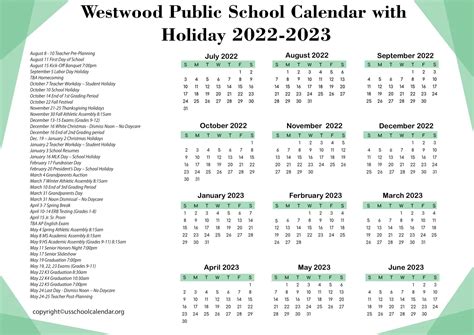 Westwood Public Schools Calendar with Holidays 2022-2023