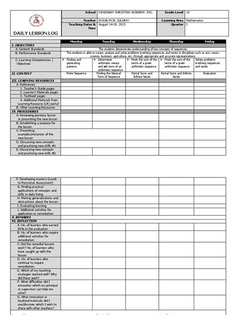 Daily Lesson Log Mathematics 10 First Quarter First Week | PDF | Learning | Sequence