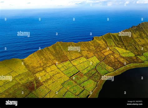 Aerial view of Caldeirao crater, Corvo island, Azores, Portugal Stock ...