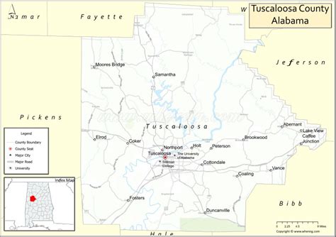 Map of Tuscaloosa County, Alabama showing cities, highways & important ...