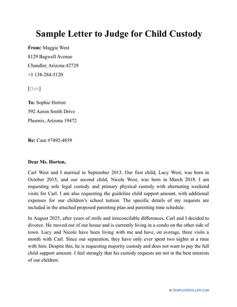 Sample Letter to Judge for Child Custody Download Printable PDF ...