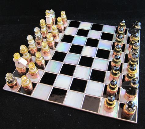 Stained Glass Chess board and Steam Punk Copper Chess Pieces