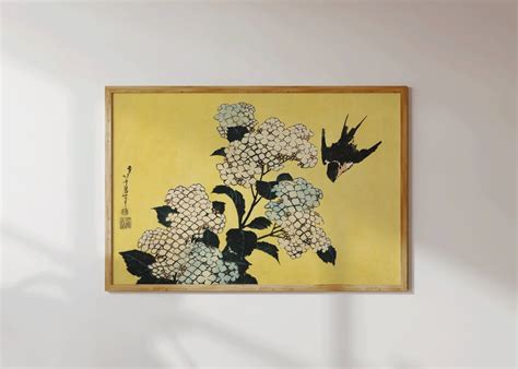 Katsushika Hokusai Hydrangeas and Swallow Japanese Vintage Painting available Framed or Unframed ...