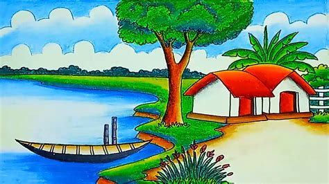 How to draw a beautiful riverside village scenery with landscape drawing easy beautiful nature Draw