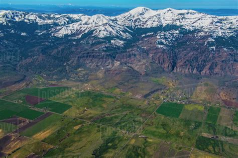 Aerial view of farmland and mountains, Cedarville, California, United States, - Stock Photo ...