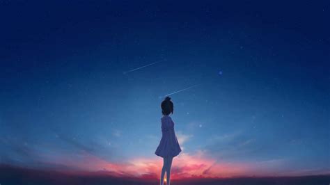 Anime Girl Watching Shooting Star Alone Live Wallpaper - WallpaperWaifu