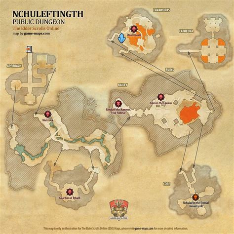 Map of Nchuleftingth Public Dungeon located in Vvardenfell ESO with Skyshard and Bosses.