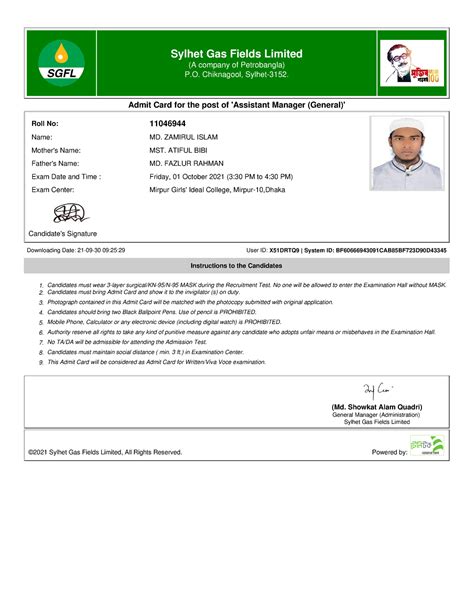 Admit Card X51DRTQ9 - Lecture notes 1-10 - Sylhet Gas Fields Limited (A company of Petrobangla ...