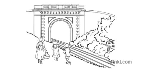 Victorian Railway Tunnel with Children Black and White Illustration - Twinkl