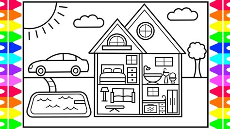 How to Draw a Dollhouse with Pool for Kids 💚💙💜Dollhouse Drawing | Dollhouse Coloring Pages - YouTube