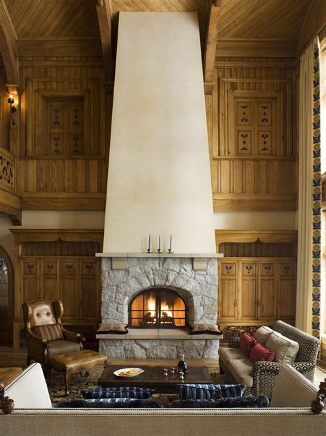 Wood paneling; stone hearth; wood ceiling Mountain Style, Mountain ...