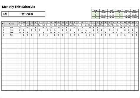 Monthly shift schedule template03 for excel